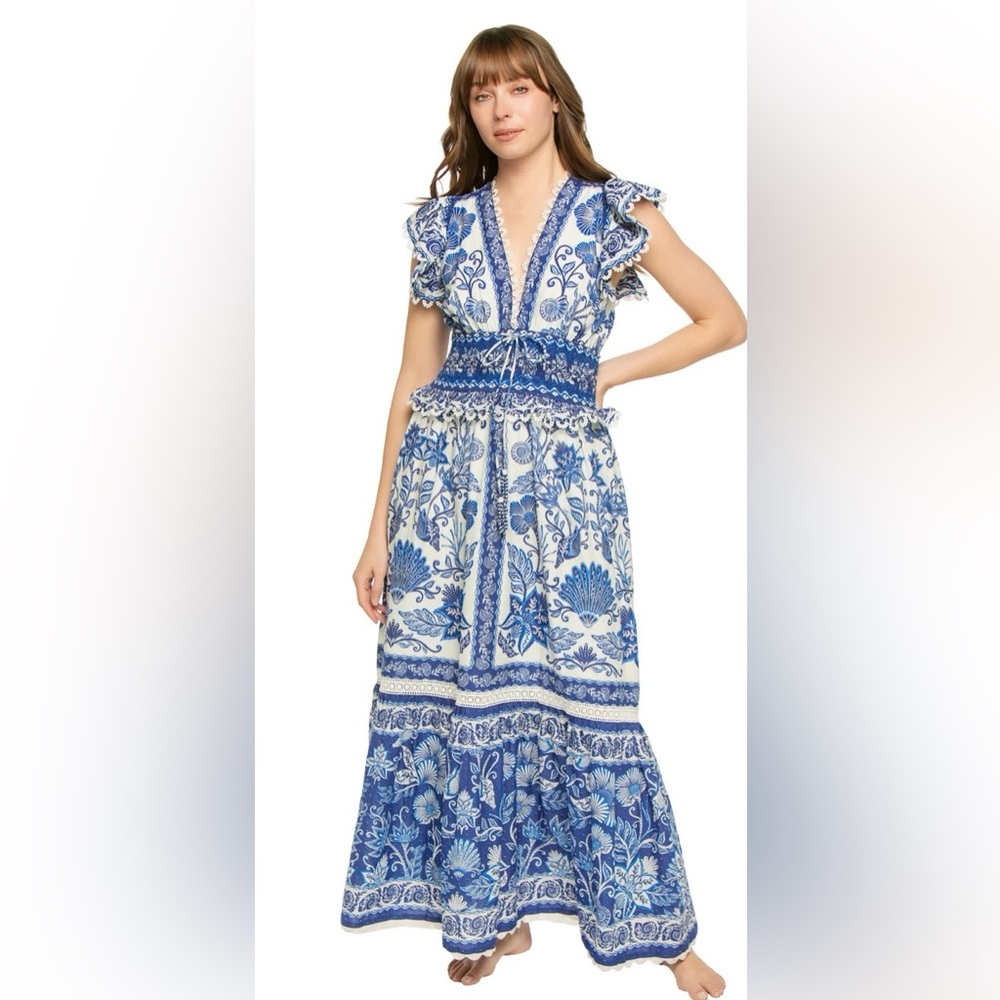 Farm Rio Blue & White Floral V-Neck Maxi Dress